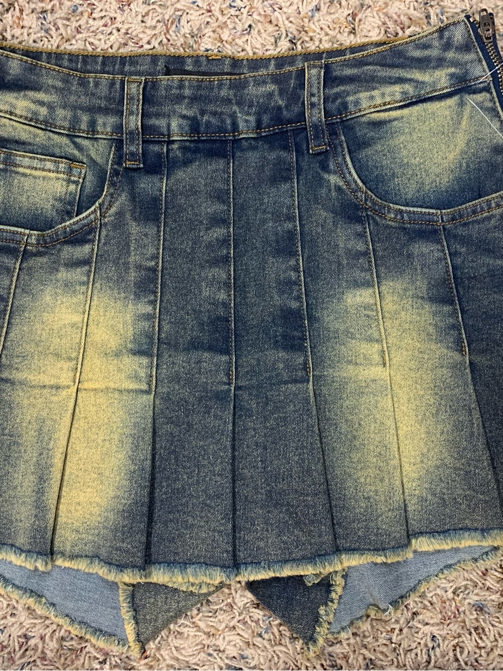 American Bazi Denim Pleated Mini Skort with Yellow Wash